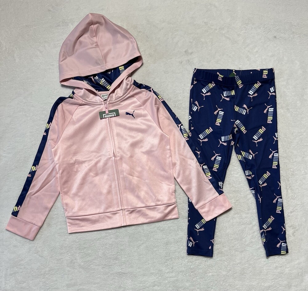 Puma Hoodie Leggings Set Girls 5 Athletic Full Zip 2 Piece Outfit Pink Blue New